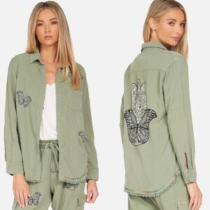 Lauren Moshi Sloane Butterfly Hamsa Green Button Down Long Sleeve Shirt XS NWT